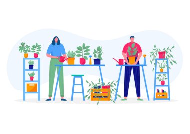 Ev bahçesi konsepti. Bitkileri yapraklarla tutan, çiçekleri önemseyen, sulayan, eken, yetiştiren gençler. Çiçeklerin tasviri, insanların hobilerinin tadını çıkardığı saksılarda bitkiler. Vektör