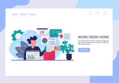 Evde çalışmanın illüstrasyonu, ortak çalışma alanı. Evde dizüstü bilgisayarla çalışan insanlar. Koronavirüsün önlenmesine bağlı karantina. Önlem için evde kal - 19. Vektör