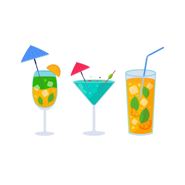 Tropik Kokteyl Seti Plajda Bardaklarda Alkollü Yaz Içkileri Mojito Votka — Stok Vektör