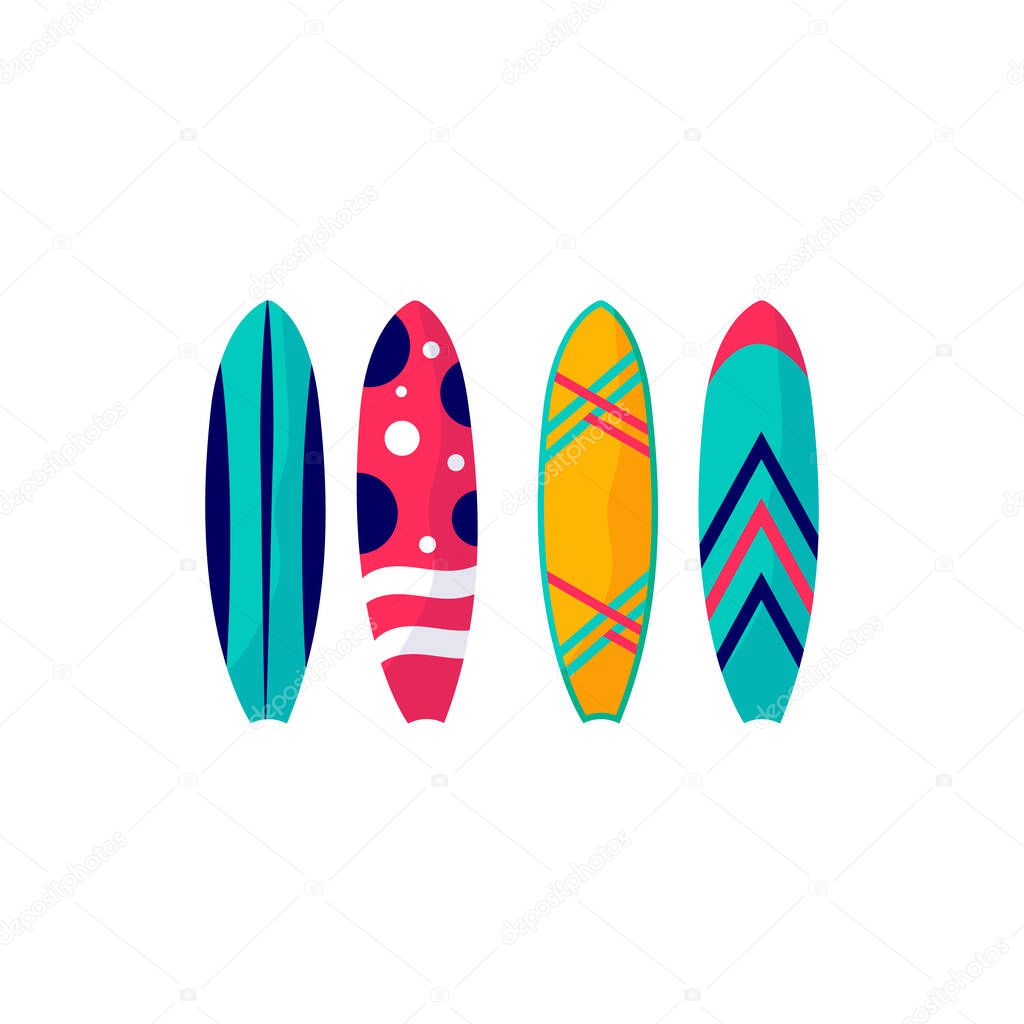 Collection of surfboards for vacation on the sea, ocean. Concept of summer sports and leisure outdoor activities isolated on white background . Flat vector