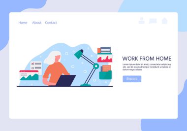 Evde çalışmanın illüstrasyonu, ortak çalışma alanı. Evde dizüstü bilgisayarla çalışan insanlar. Koronavirüsün önlenmesine bağlı karantina. Önlem için evde kal - 19. Vektör