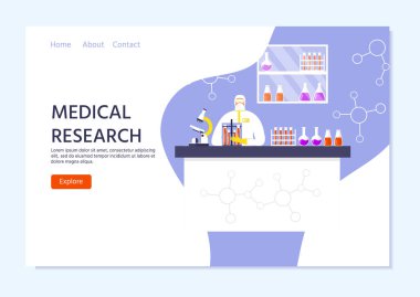 Tıbbi araştırma konsepti, koruyucu giysili ve maskeli insanlar, bilim adamı. Küresel salgın ya da salgın. Covid-19, koronavirüs hastalığı. Kimya işçisi virüs testi yapıyor. Vektör