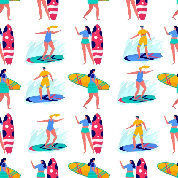 人们穿着泳衣与冲浪板一起冲浪的无缝图案 年轻女人和男人都喜欢在海上 海上度假 夏季体育和户外活动 平面矢量 — 图库矢量图片