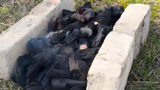 Brinnande kol för grill mellan tegelstenarna för grillen. lågor av eld och rök i ramen. på nära håll. matlagning kött vid hög temperatur. — Stockvideo