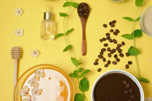 Natürliche Bio Zutaten Meersalz Kaffee Peeling Honig Und Eine Harte — Stockfoto