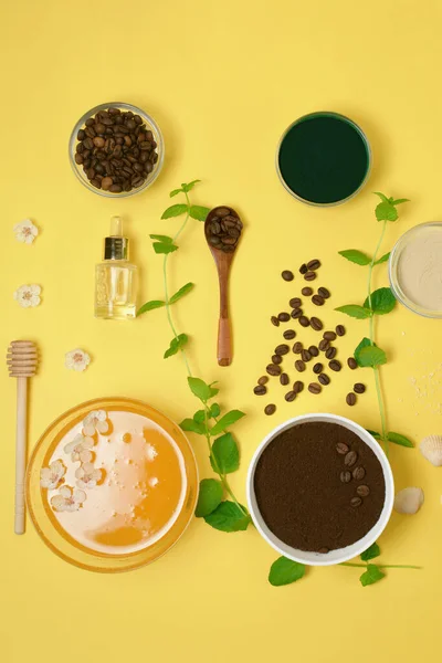 Natürliche Bio Zutaten Meersalz Kaffee Peeling Honig Und Eine Harte — Stockfoto