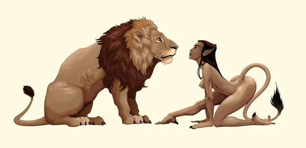 ライオンと神話の女性キャラクターはお互いを見ています。 — ストックベクタ