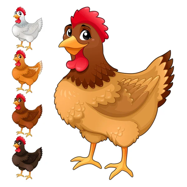 Groupe de poules drôles en différentes couleurs — Image vectorielle