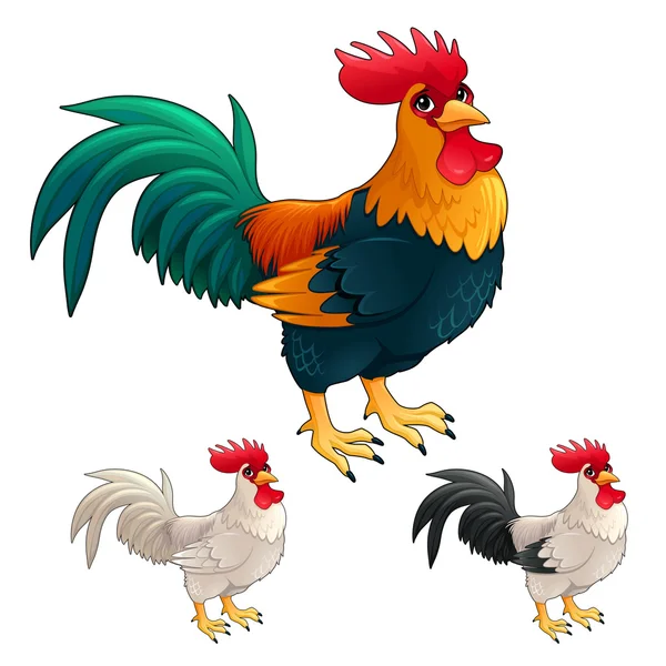 Group of funny roosters in different colors — Stock Vector