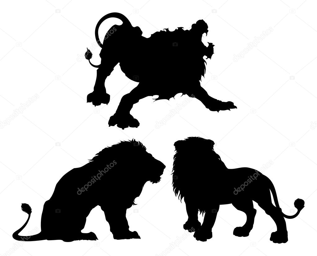 Silhouettes of lions in three different isolated poses. This graphic is ideal for logos, or other types of graphics.