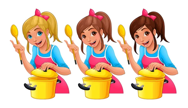 Chica con cuchara está cocinando — Vector de stock