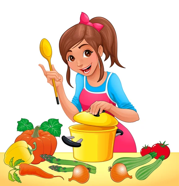 Chica está cocinando con varias verduras — Vector de stock