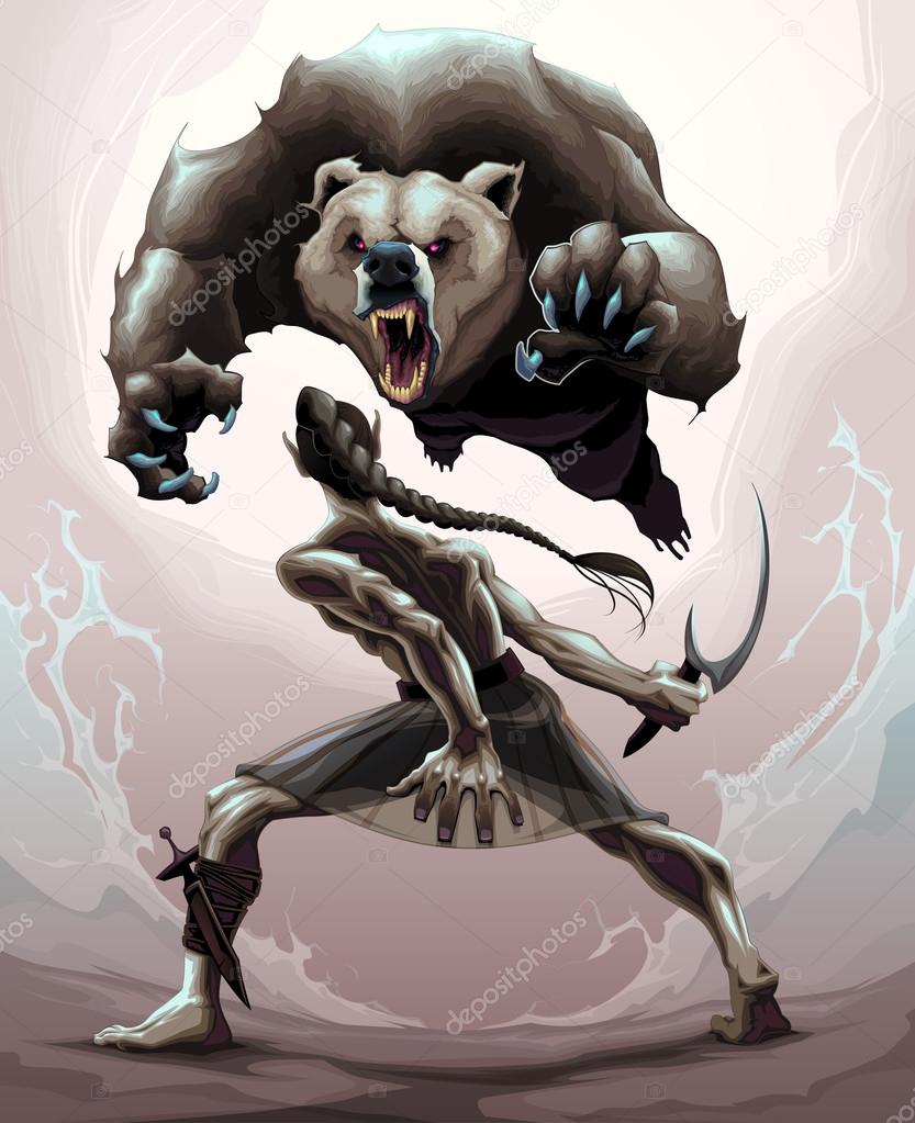 Battle scene between an elf and an angry bear