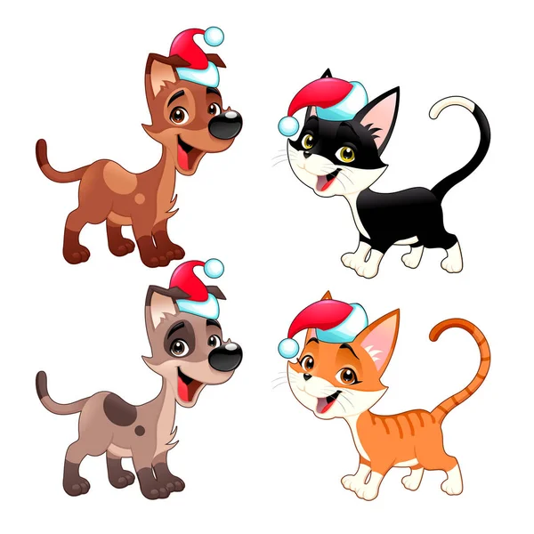 Funny Christmas dogs and cats — Stock Vector