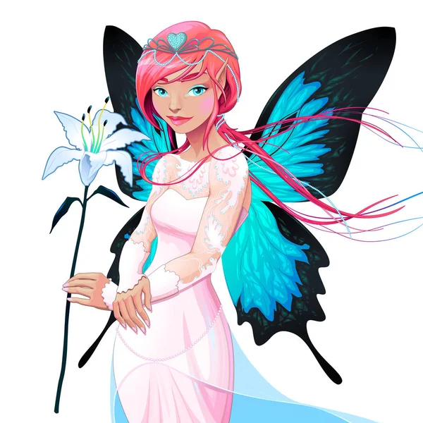 Portrait of a young fairy with a wedding dress and flower — Stock Vector