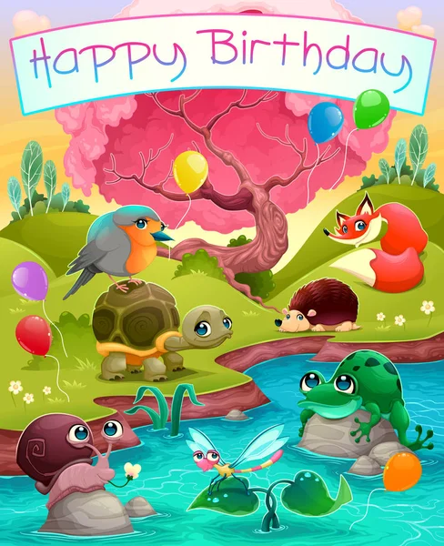 Happy Birthday card with cute animals in the countryside — Stock Vector