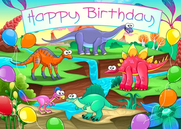 Buon compleanno con dinosauri divertenti — Vettoriale Stock