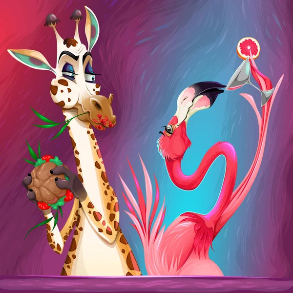 キリンとフラミンゴの間の幸せな時間 — ストックベクタ