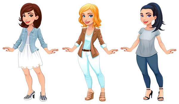 Three female cartoon characters — Stock Vector