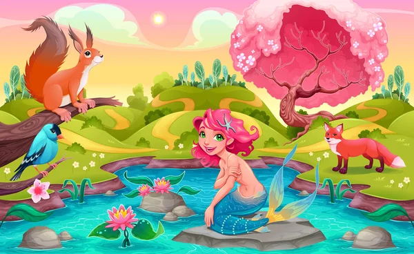 Fantasy mermaid és állatok jelenet — Stock Vector