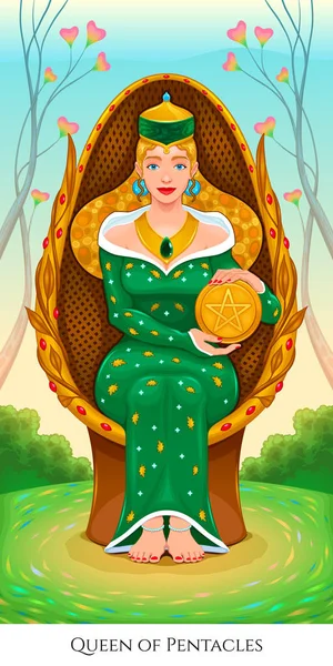 Rainha dos pentáculos, carta de tarô —  Vetores de Stock