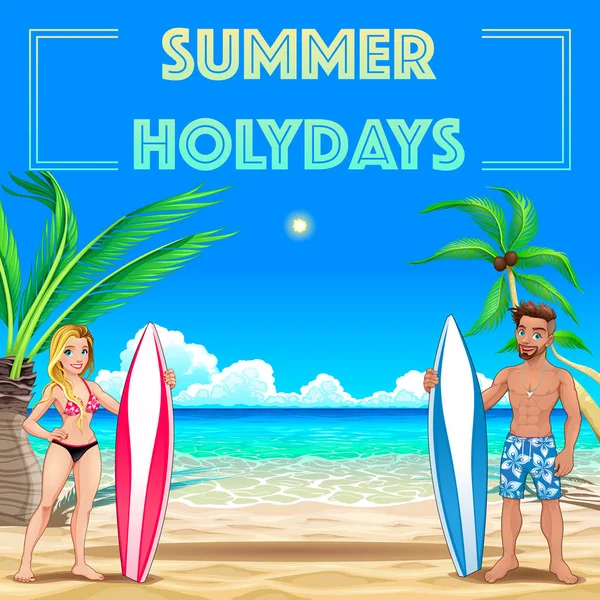 Αφίσα καλοκαίρι για διακοπές με surfers και θάλασσα — Διανυσματικό Αρχείο