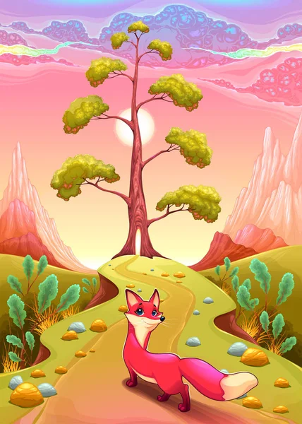 Landscape in the sunset with fox — Stock Vector