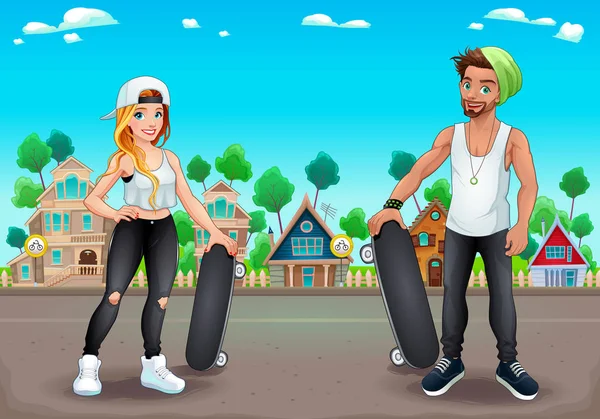 Patinadores chico y chica en la calle — Vector de stock