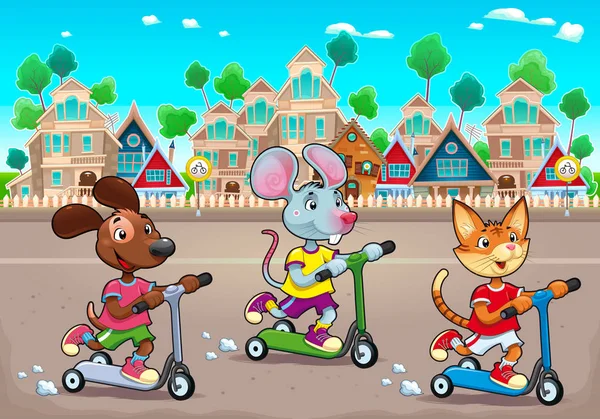 Animais de estimação engraçados estão montando scootertoys na cidade — Vetor de Stock