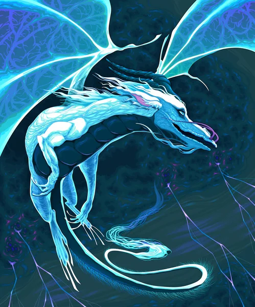 Dragon blanc volant dans la tempête — Image vectorielle