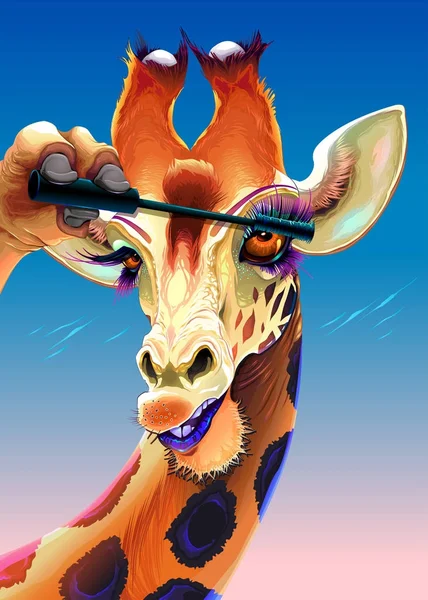 Giraffe is applying the mascara on her eyelashes — Stock Vector
