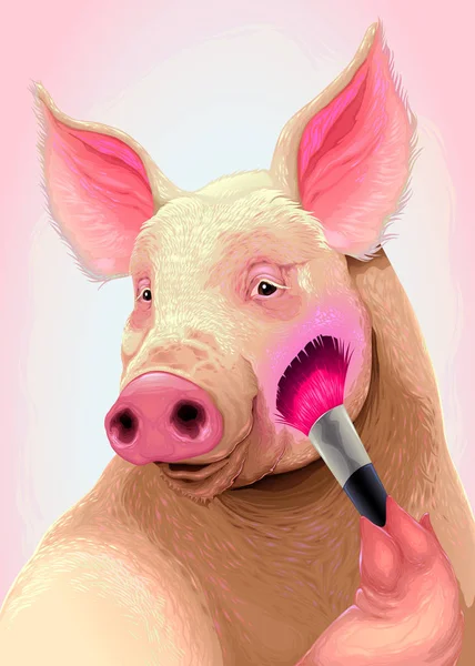 Pig is applying the blush on her cheek — Stock Vector