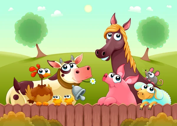 Funny farm dieren glimlachen in de buurt van het hek — Stockvector
