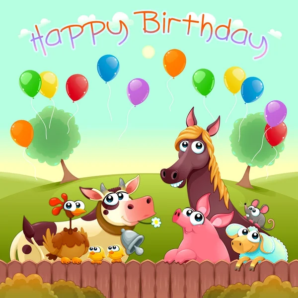 Happy Birthday card with cute farm animals in the countryside — Stock Vector