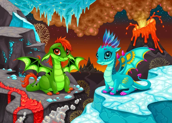 Bayi naga dalam pemandangan fantasi dengan api dan es Stok Ilustrasi 