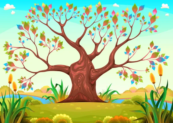 Árbol feliz en el campo — Vector de stock