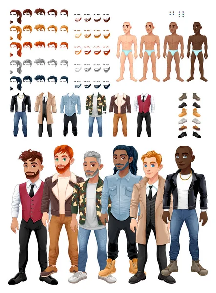Vestidos e penteados jogo com avatares masculinos — Vetor de Stock