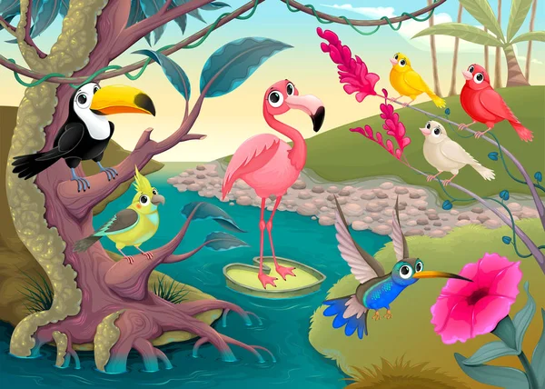 Ομάδα αστεία τροπικά πουλιά στη ζούγκλα — Διανυσματικό Αρχείο