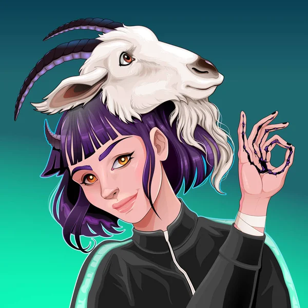 Hermosa chica con una cabra en la cabeza — Vector de stock