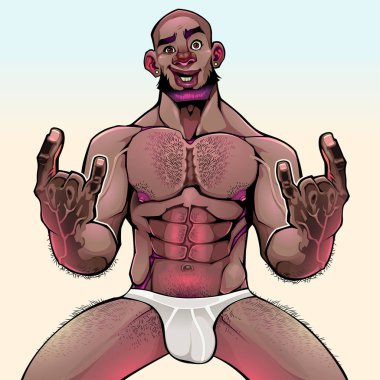 Seyirciye gülümseyen kaslı çocuk.