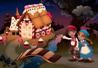 Hansel ve Gretel şeker evinin yanında.