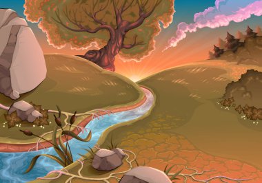 Günbatımı huzurlu bir yerde. Çizgi film vektör çizimi