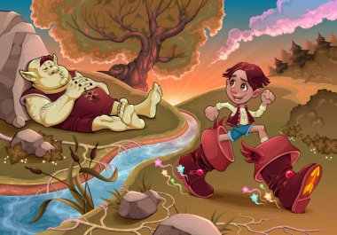 Little Thumb ve yedi lig botları. Vektör illüstrasyonu