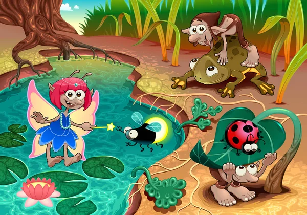 Tündérek Törpék Játszanak Természetben Állatokkal Vektor Fantasy Illusztráció Gyermekek Számára — Stock Vector