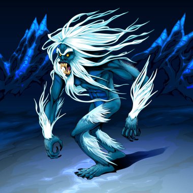 Yeti gece vakti yürüyor. Vektör korku illüstrasyonu.