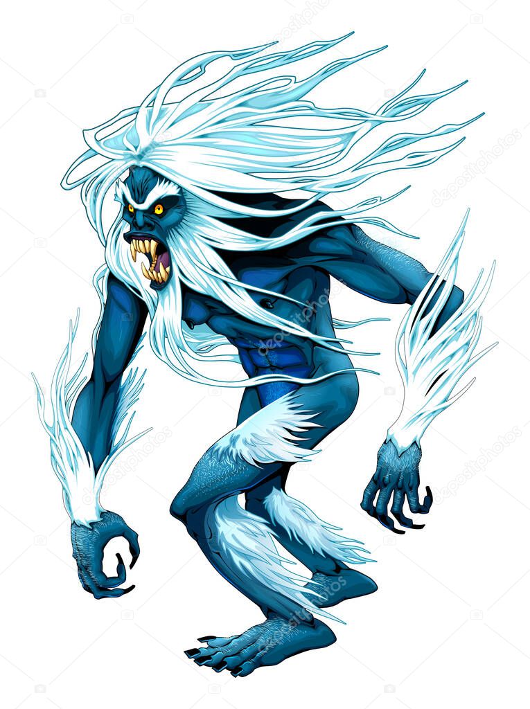 Angry Yeti is walking. Vector horror isolated character.