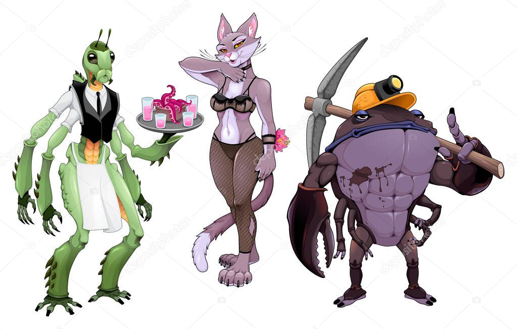 Mutant creatures half animal and human. Vector isolated fantasy characters for role playing game