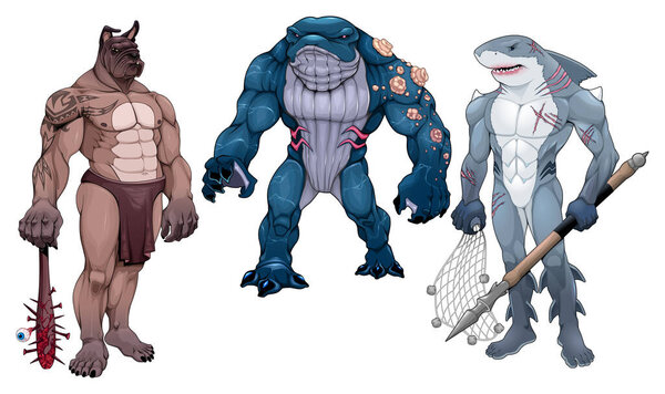 Мутанты наполовину животные и люди. Векторные изолированные персонажи для ролевой игры
