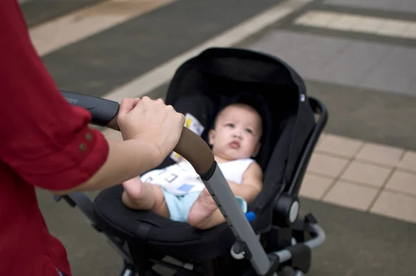 Uma Mãe Está Andando Seu Filho Parque Enquanto Carrinho — Fotografia de Stock