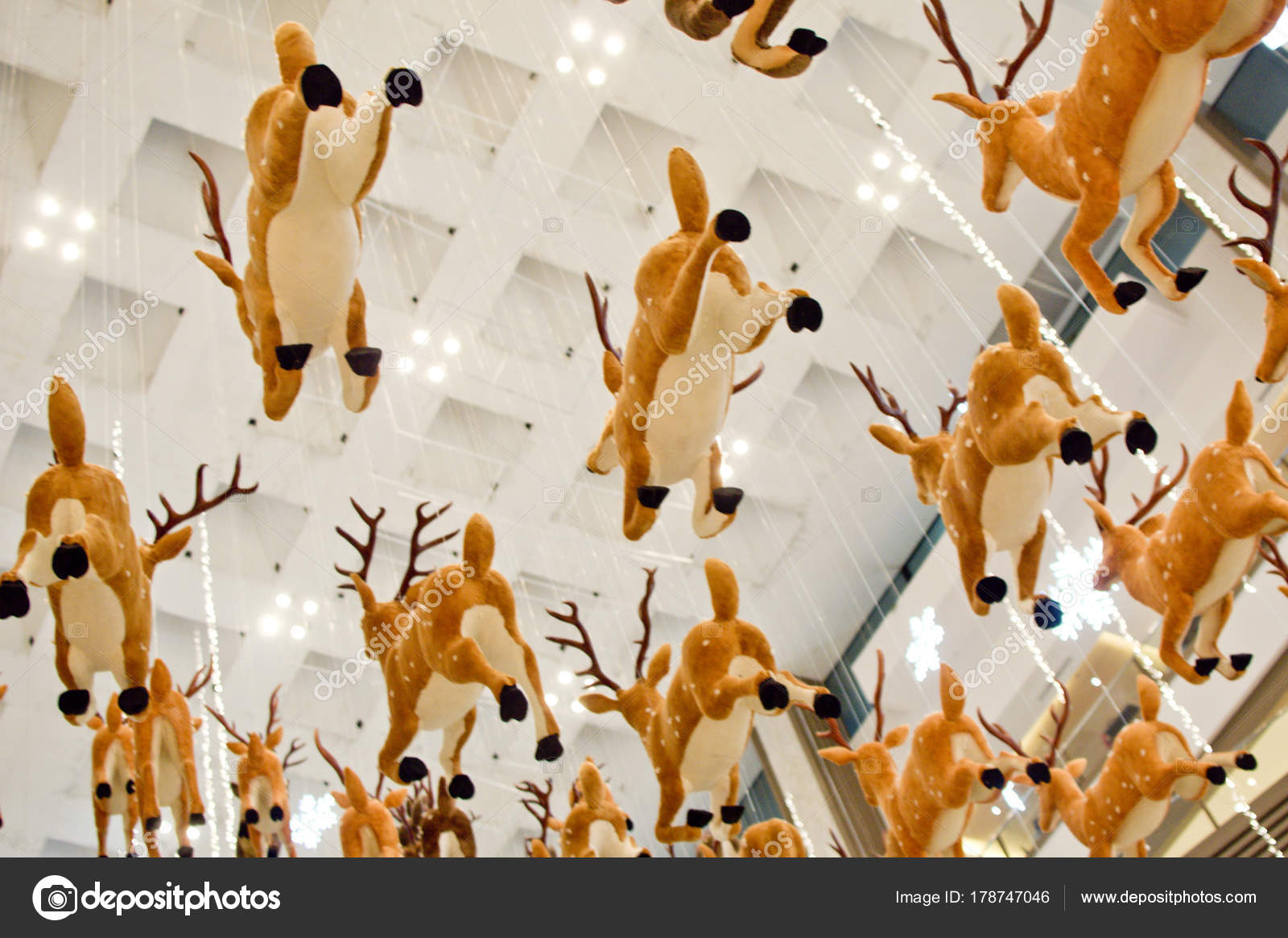 Group Reindeer Stuffed Toys Hanging Ceiling Stock Photo